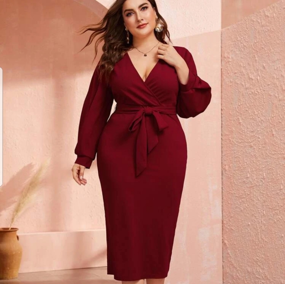 Plus Plunging Neck Wrap Belted Pencil Dress